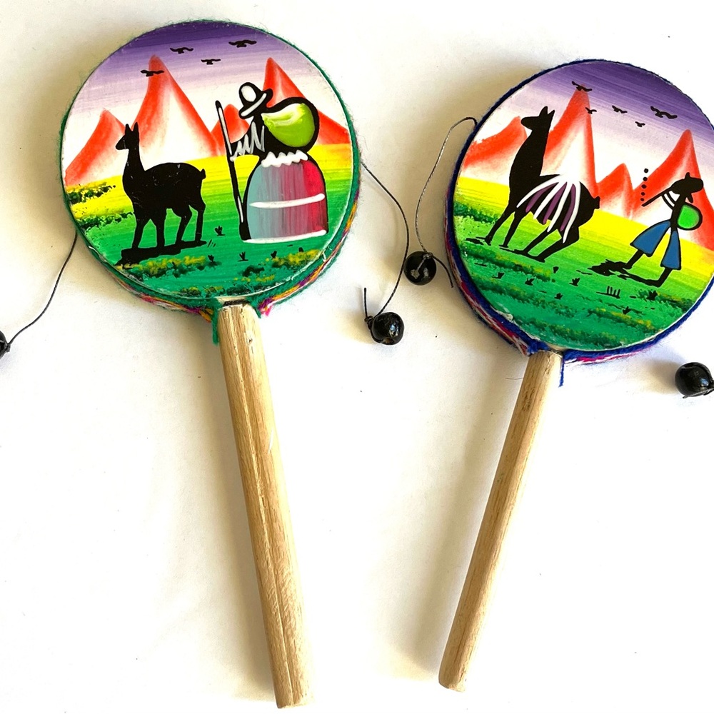 Two Spin Drum Hand Painted Peru Percussion Drums Medium size